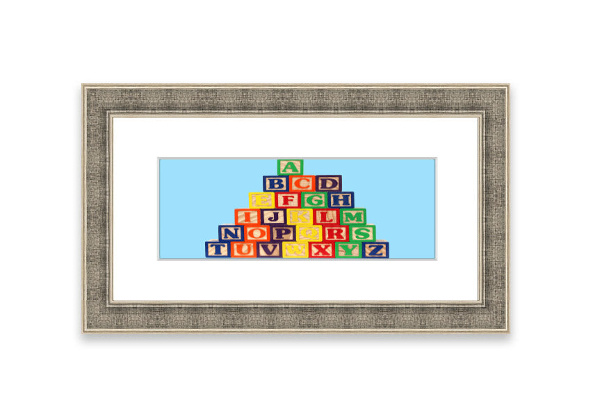 Framed print of Alphabet Blocks in baby blue, showcasing colorful letters, perfect for nursery decor.