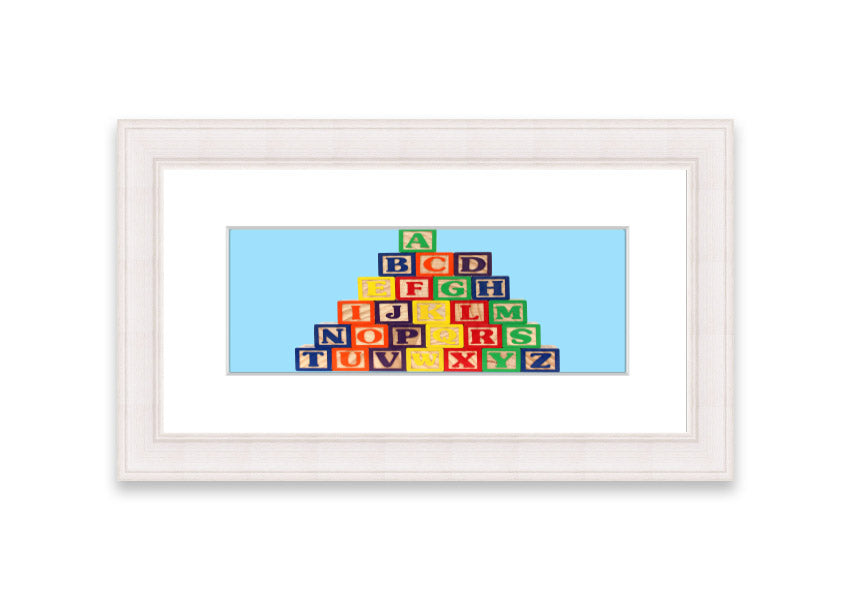 Framed print of Alphabet Blocks in baby blue, showcasing colorful letters, perfect for nursery decor.