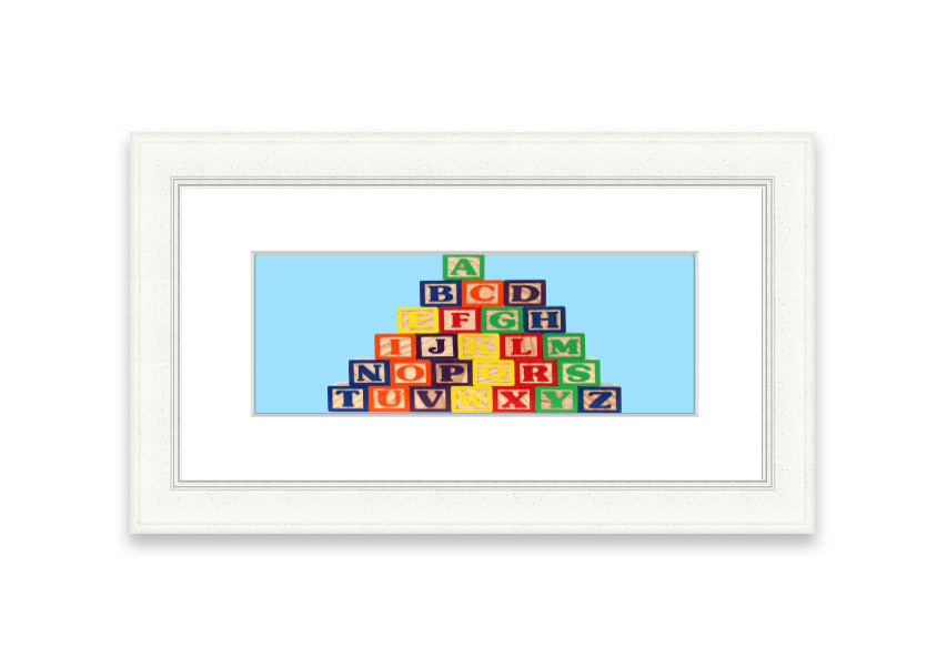 Framed print of Alphabet Blocks in baby blue, showcasing colorful letters, perfect for nursery decor.