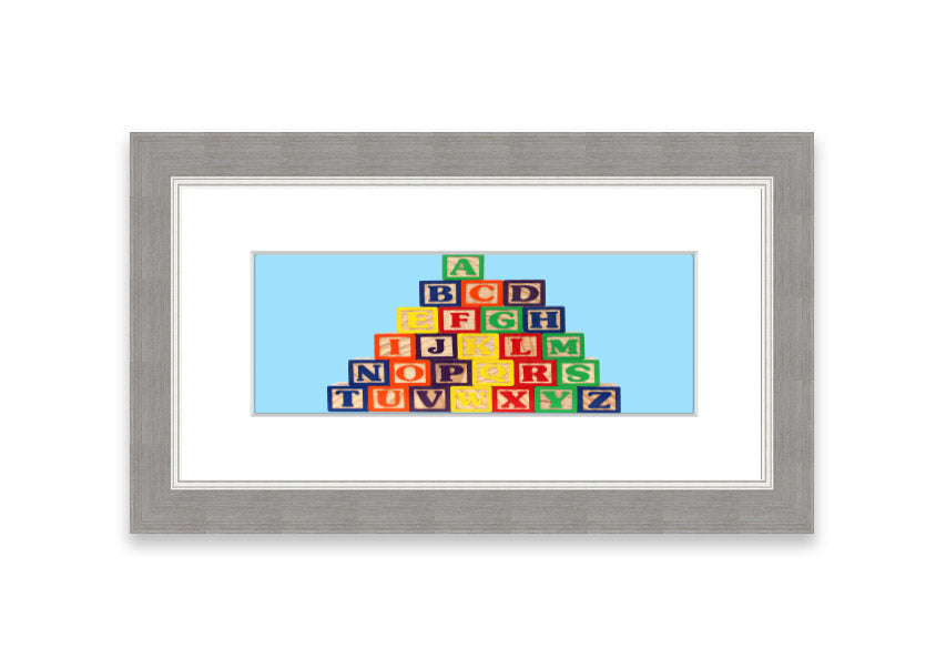 Framed print of Alphabet Blocks in baby blue, showcasing colorful letters, perfect for nursery decor.