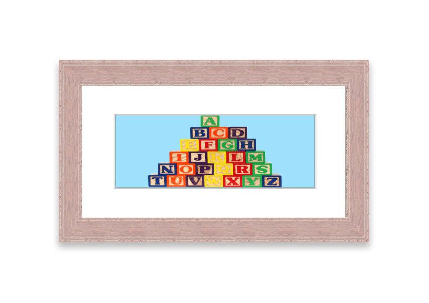 Framed print of Alphabet Blocks in baby blue, showcasing colorful letters, perfect for nursery decor.