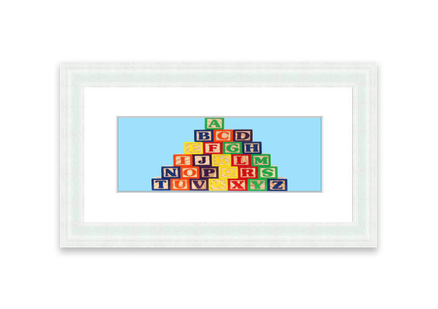 Framed print of Alphabet Blocks in baby blue, showcasing colorful letters, perfect for nursery decor.