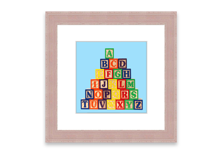Framed print of Alphabet Blocks in baby blue, showcasing colorful letters, perfect for nursery decor.