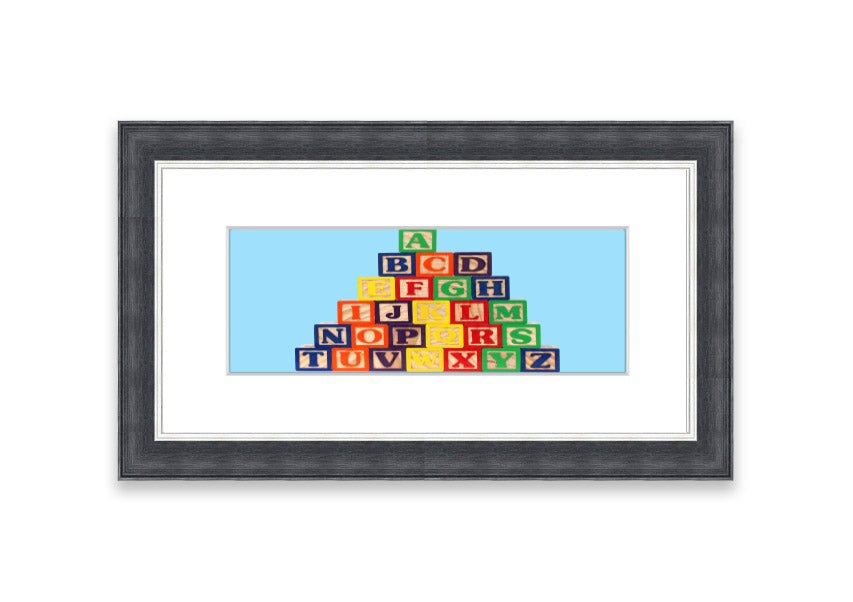Framed print of Alphabet Blocks in baby blue, showcasing colorful letters, perfect for nursery decor.
