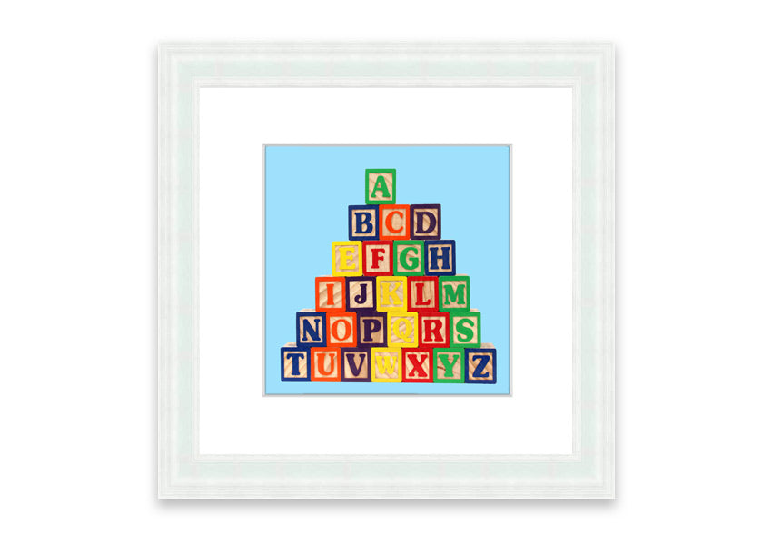 Framed print of Alphabet Blocks in baby blue, showcasing colorful letters, perfect for nursery decor.