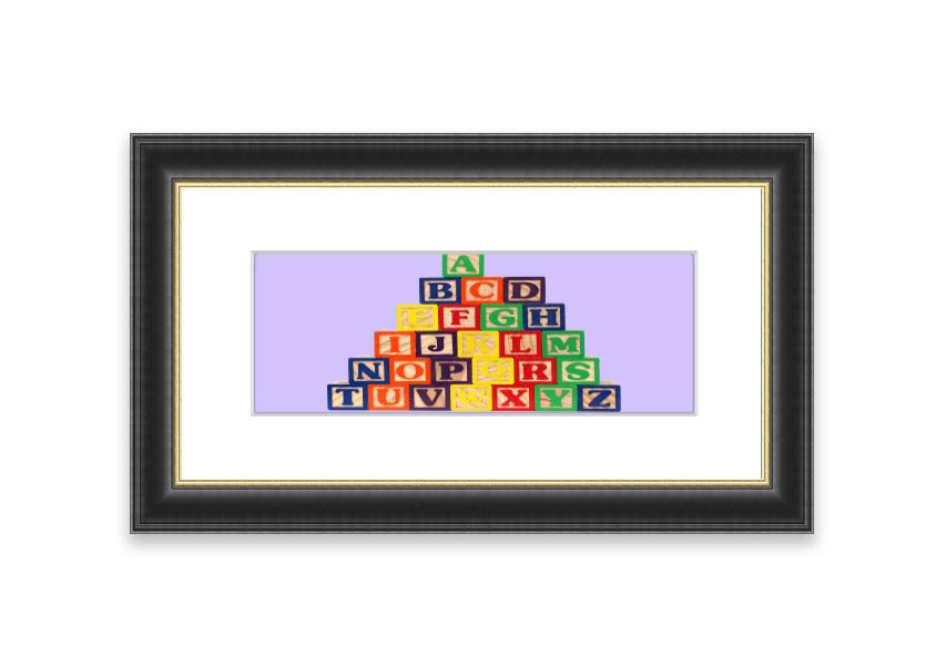 A charming lilac framed print featuring colorful alphabet blocks, perfect for children's decor.