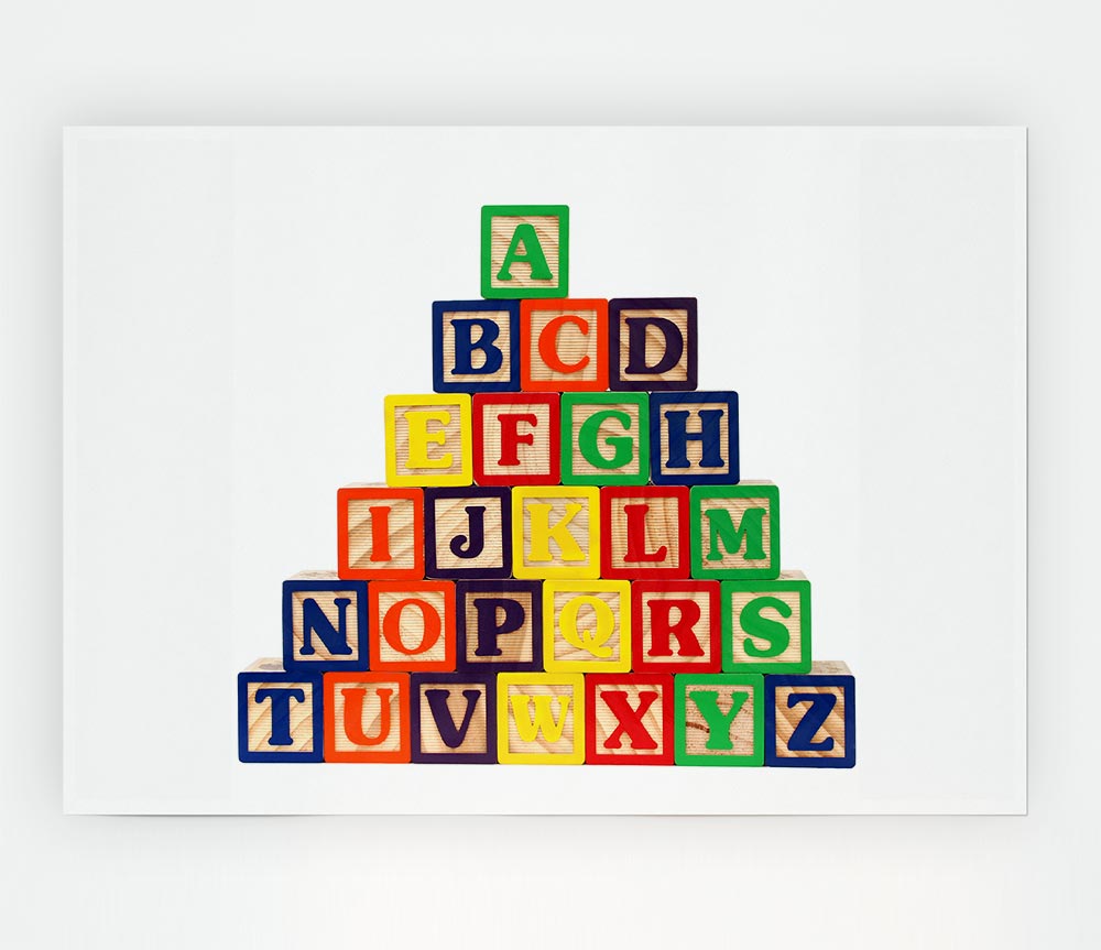 Colorful Alphabet Blocks White poster on high-quality canvas, ideal for nursery decor.