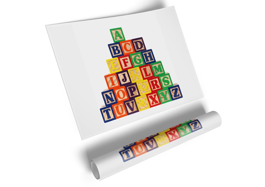 Colorful Alphabet Blocks White poster on high-quality canvas, ideal for nursery decor.
