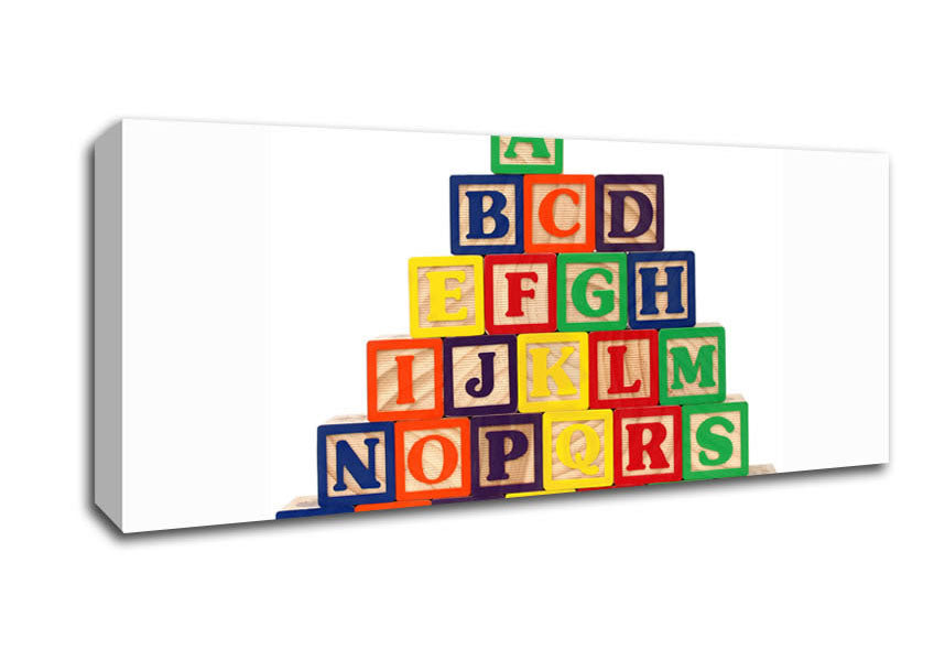 A stylish white canvas featuring colorful alphabet blocks, mounted on a sturdy box frame, ready to hang in a child's room.