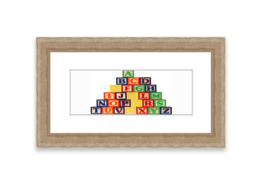 Framed Alphabet Blocks White print showcasing colorful letters, perfect for nursery decor.