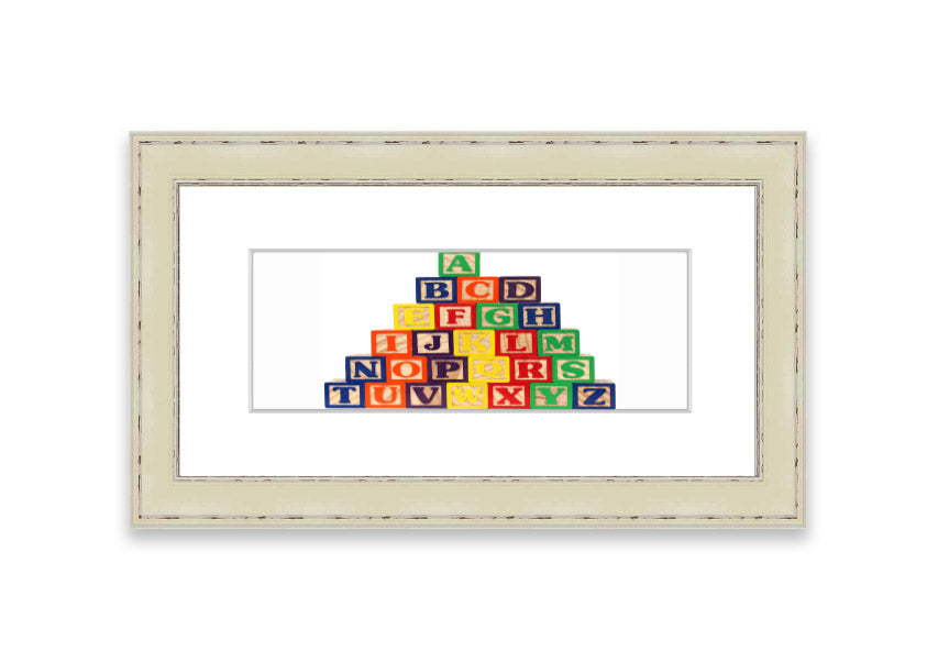 Framed Alphabet Blocks White print showcasing colorful letters, perfect for nursery decor.