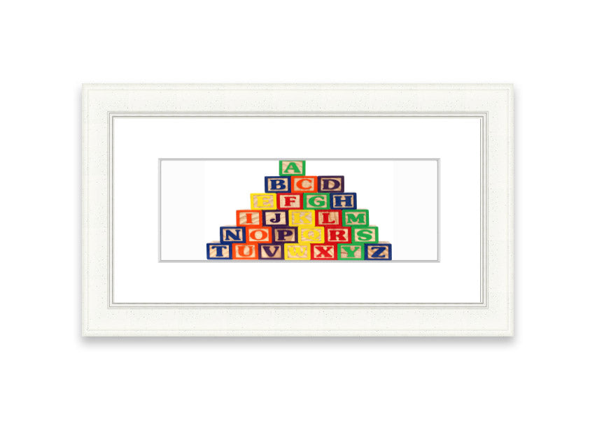 Framed Alphabet Blocks White print showcasing colorful letters, perfect for nursery decor.