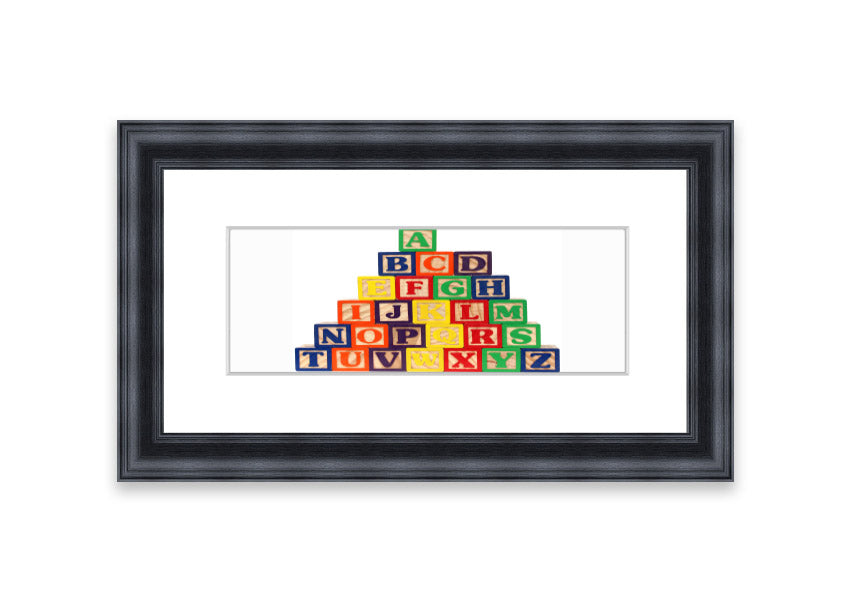 Framed Alphabet Blocks White print showcasing colorful letters, perfect for nursery decor.
