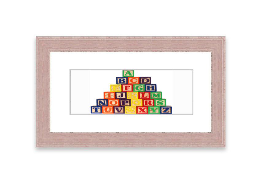 Framed Alphabet Blocks White print showcasing colorful letters, perfect for nursery decor.