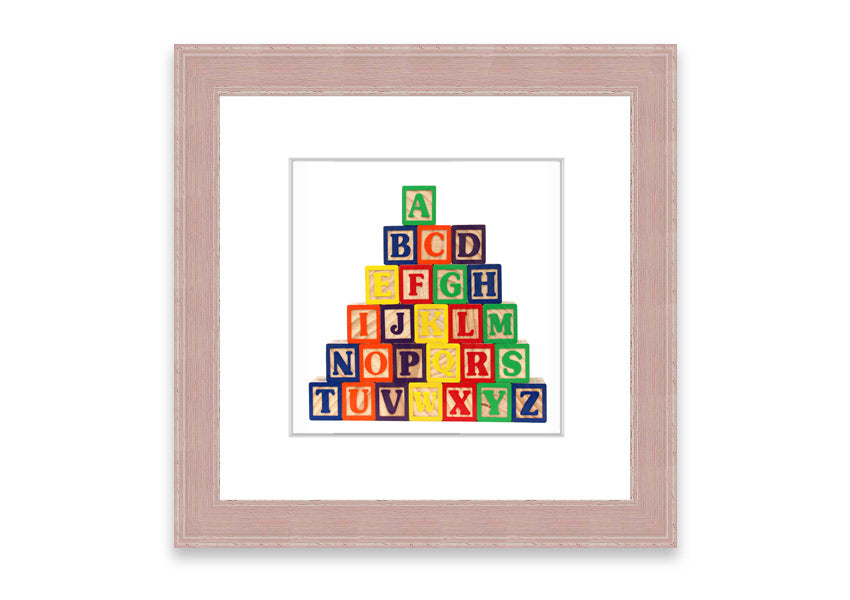Framed Alphabet Blocks White print showcasing colorful letters, perfect for nursery decor.