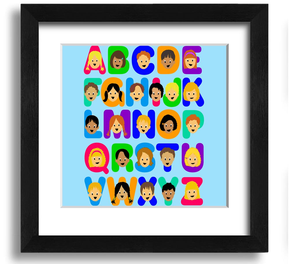 A charming baby blue framed print featuring the alphabet, perfect for nursery decor.