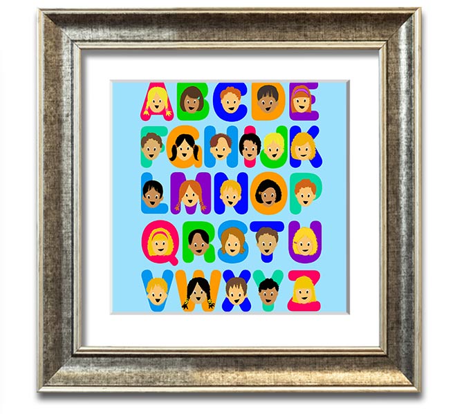 A charming baby blue framed print featuring the alphabet, perfect for nursery decor.