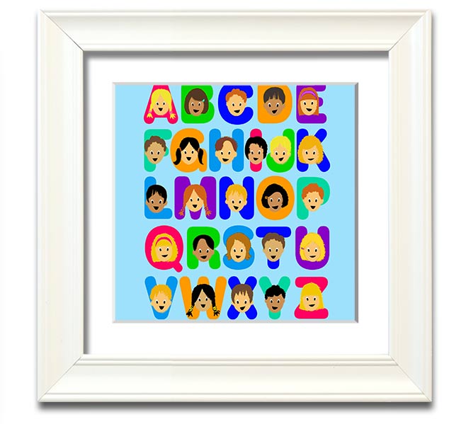 A charming baby blue framed print featuring the alphabet, perfect for nursery decor.