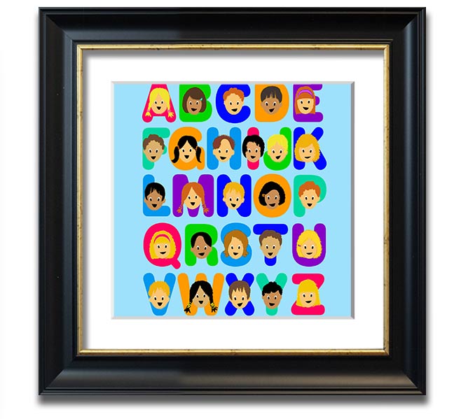 A charming baby blue framed print featuring the alphabet, perfect for nursery decor.