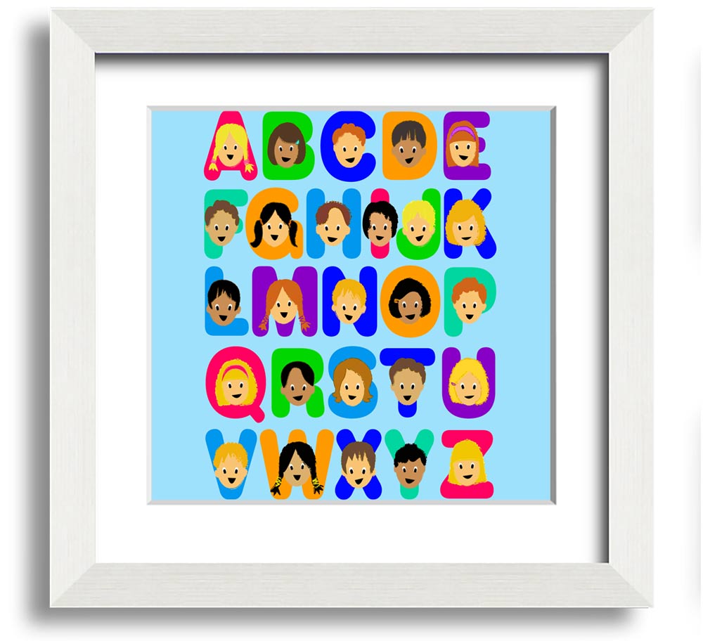 A charming baby blue framed print featuring the alphabet, perfect for nursery decor.