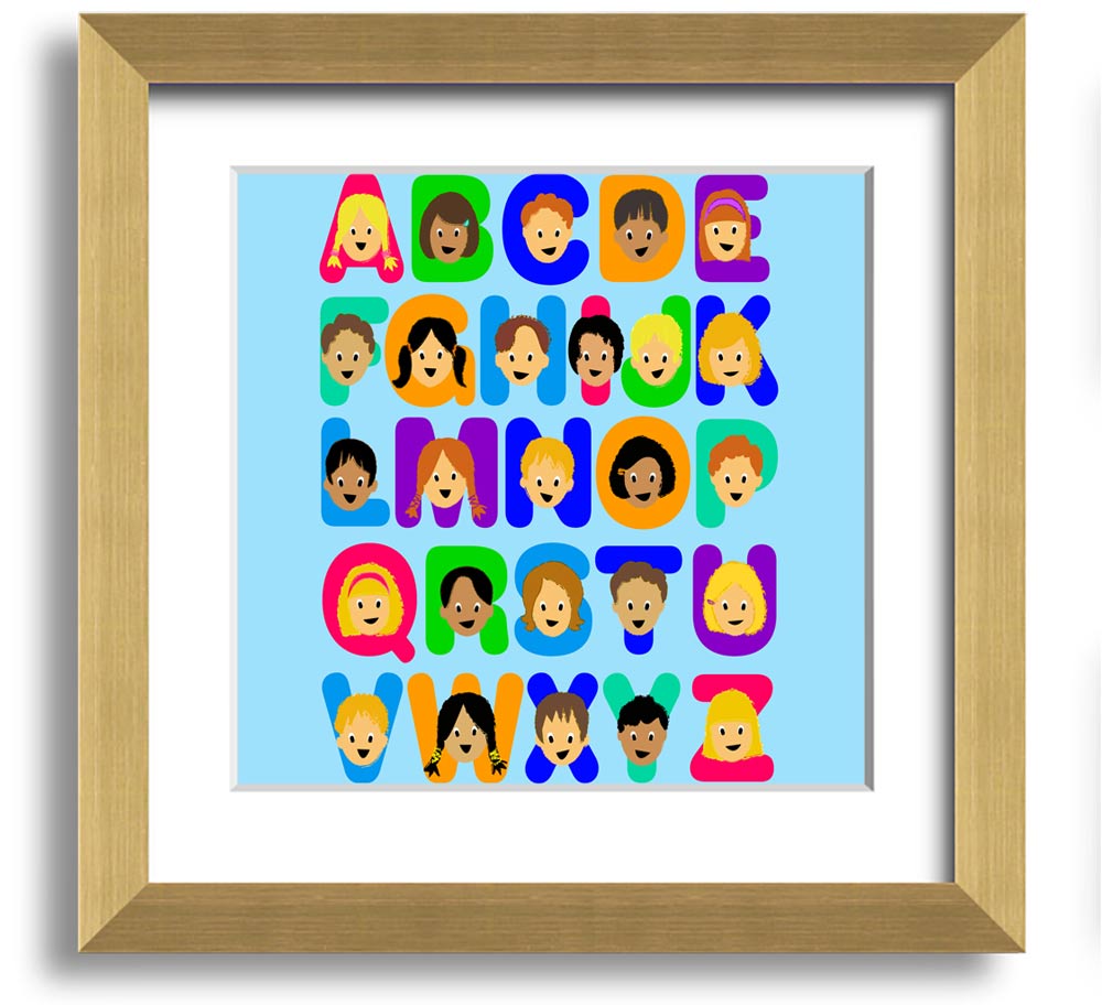 A charming baby blue framed print featuring the alphabet, perfect for nursery decor.
