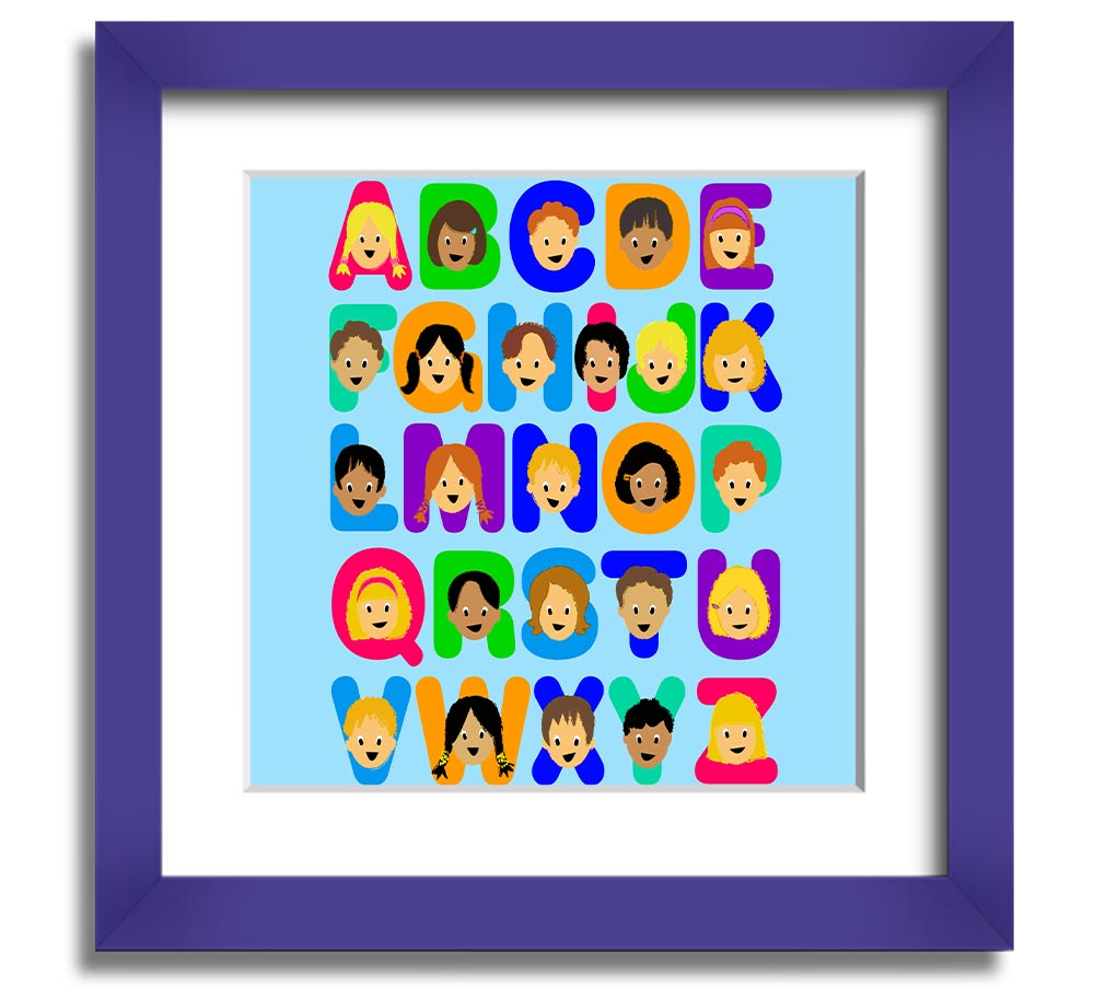 A charming baby blue framed print featuring the alphabet, perfect for nursery decor.