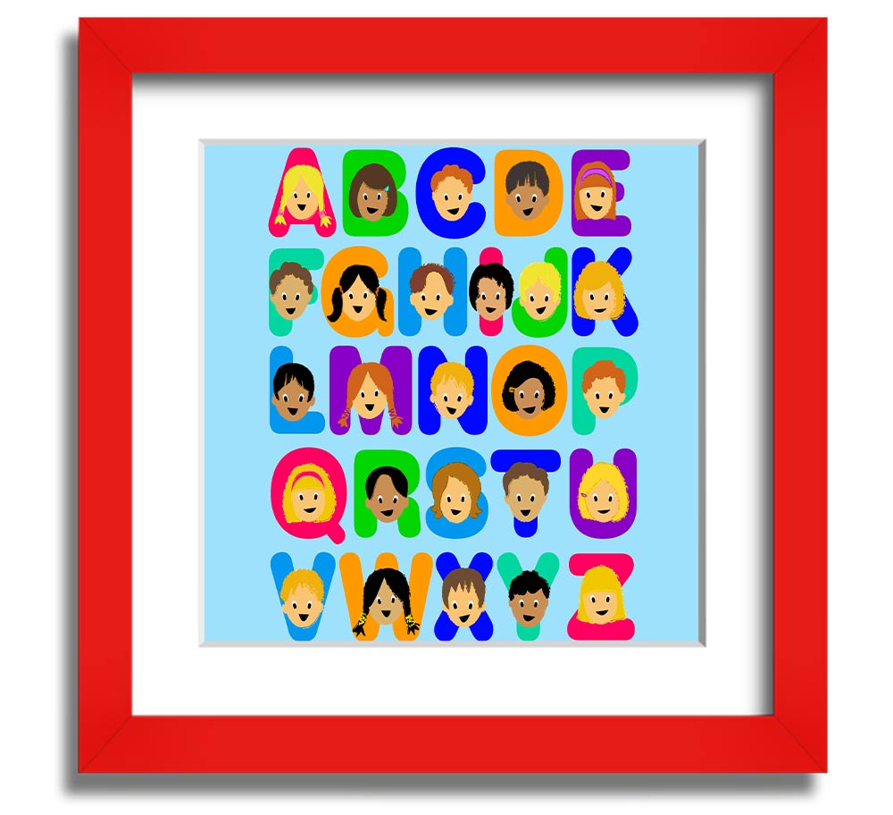 A charming baby blue framed print featuring the alphabet, perfect for nursery decor.