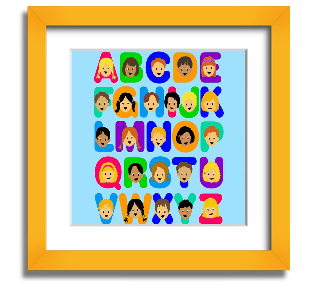 A charming baby blue framed print featuring the alphabet, perfect for nursery decor.
