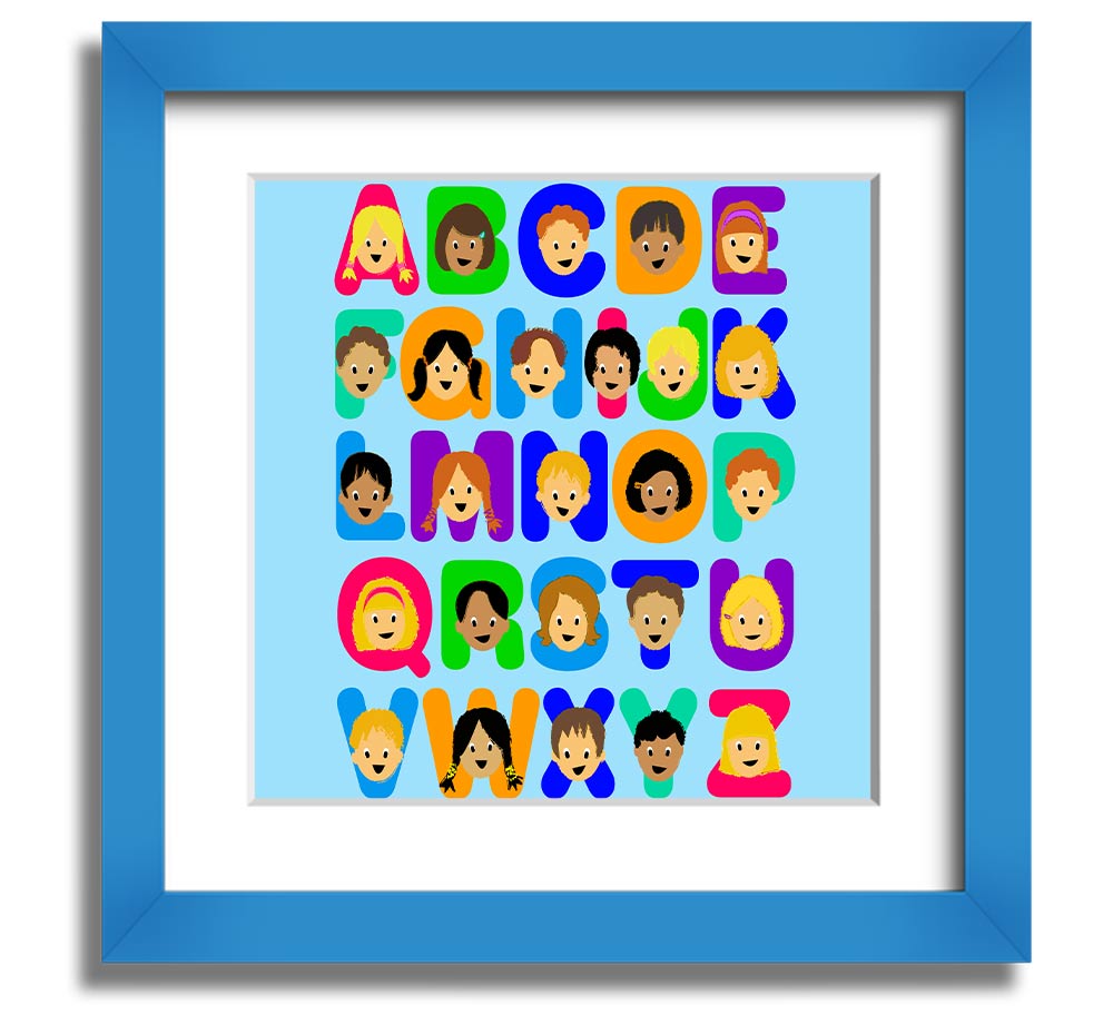 A charming baby blue framed print featuring the alphabet, perfect for nursery decor.