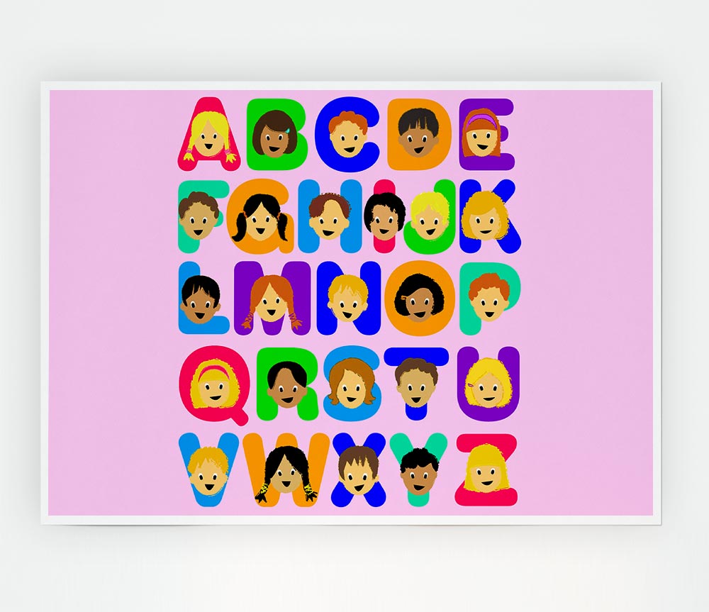 Colorful Alphabet Children Pink poster on canvas, featuring letters in vibrant pink tones, perfect for children's decor and learning.