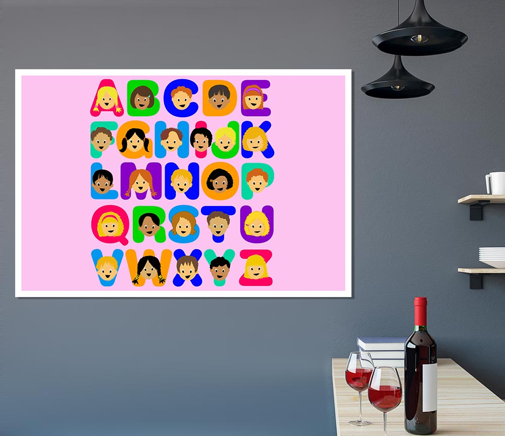 Colorful Alphabet Children Pink poster on canvas, featuring letters in vibrant pink tones, perfect for children's decor and learning.