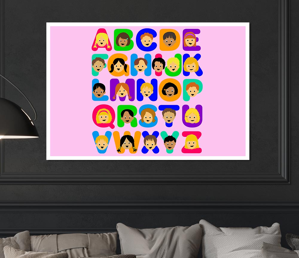 Colorful Alphabet Children Pink poster on canvas, featuring letters in vibrant pink tones, perfect for children's decor and learning.