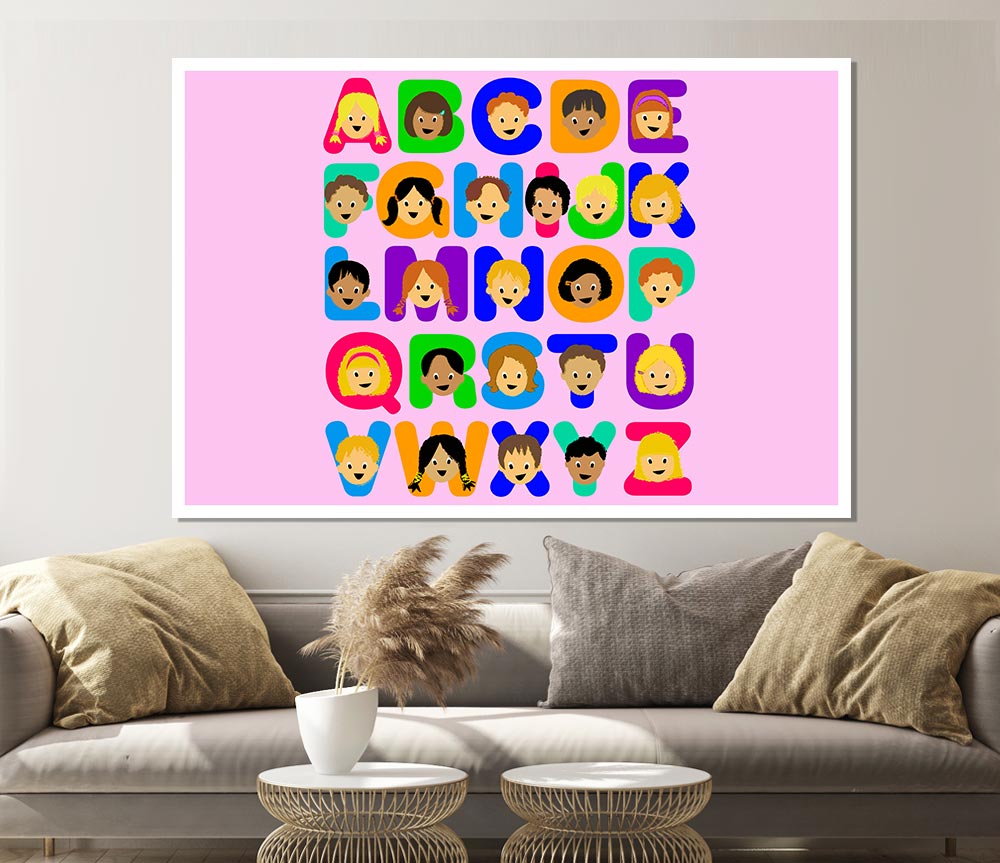 Colorful Alphabet Children Pink poster on canvas, featuring letters in vibrant pink tones, perfect for children's decor and learning.