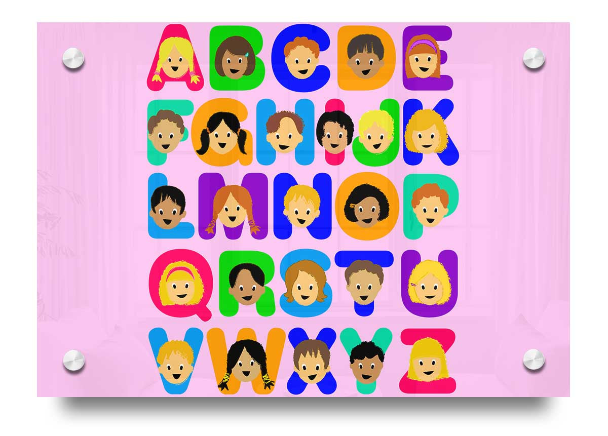 A vibrant pink acrylic print featuring the alphabet, designed for children's rooms, showcasing colorful letters on a clear background.