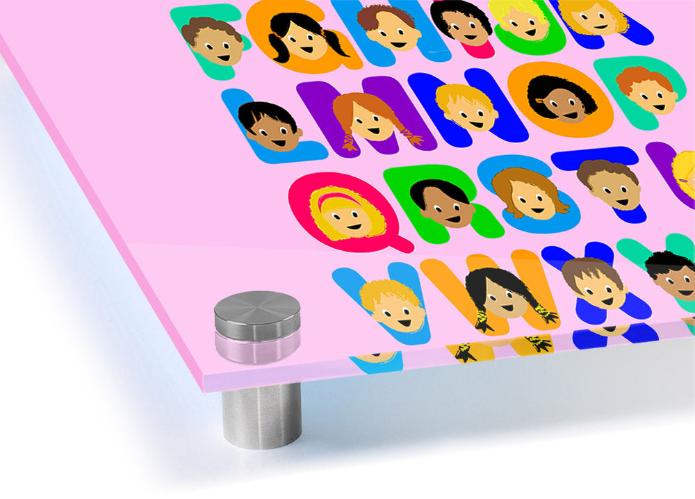 A vibrant pink acrylic print featuring the alphabet, designed for children's rooms, showcasing colorful letters on a clear background.