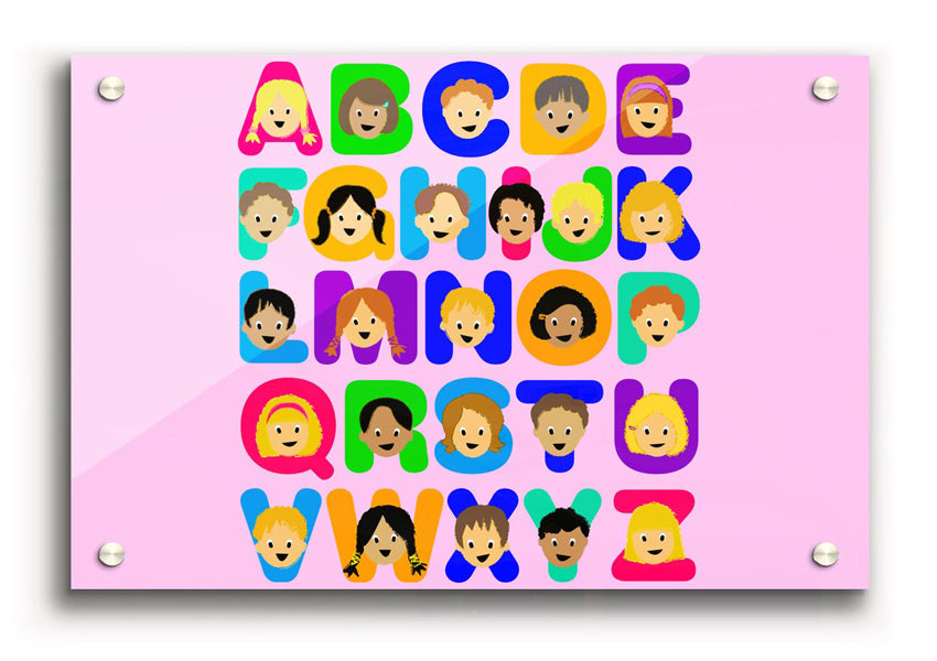 A vibrant pink acrylic print featuring the alphabet, designed for children's rooms, showcasing colorful letters on a clear background.