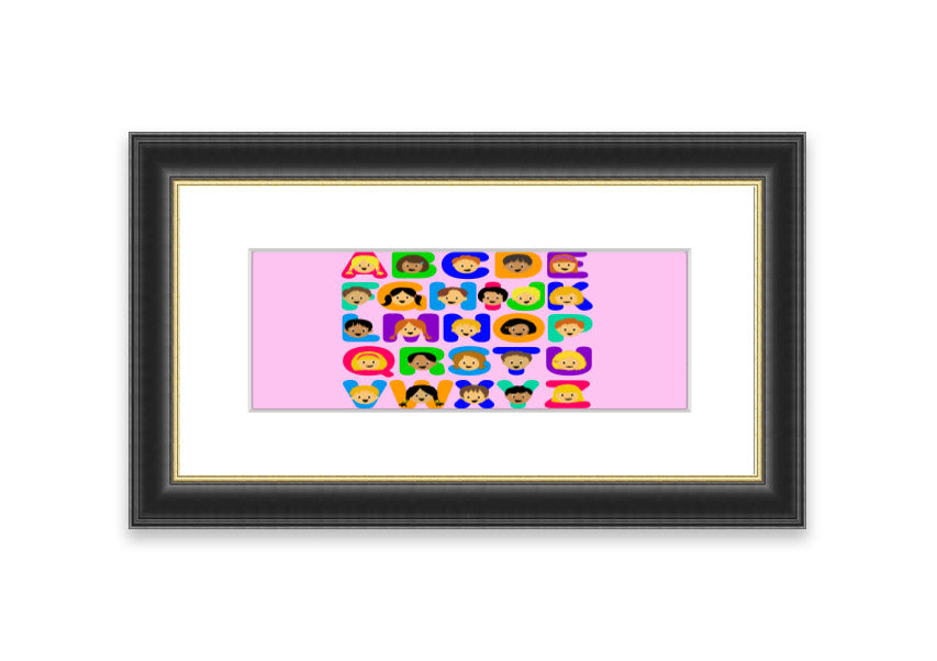 A charming pink framed print featuring the alphabet, designed for children's rooms, showcasing vibrant colors and playful letters.