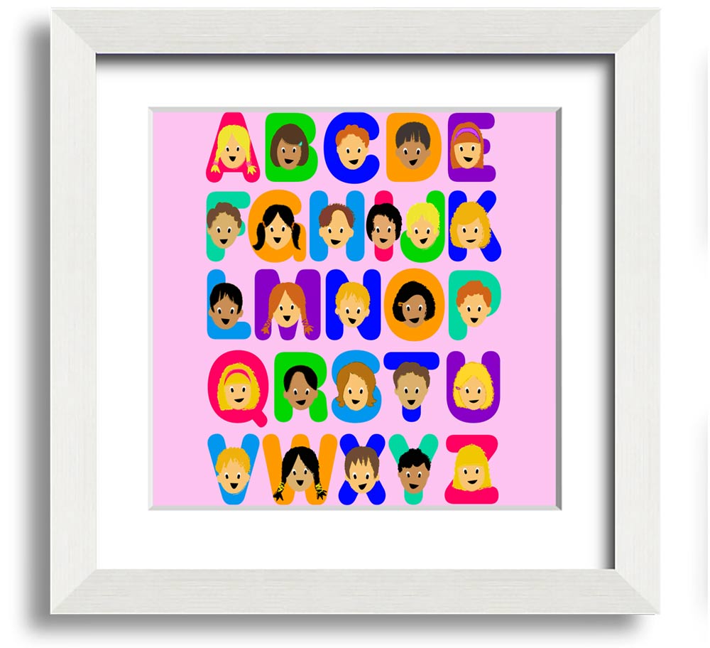 A colorful Alphabet Children Pink Square Framed Print featuring letters of the alphabet, designed for children's rooms.