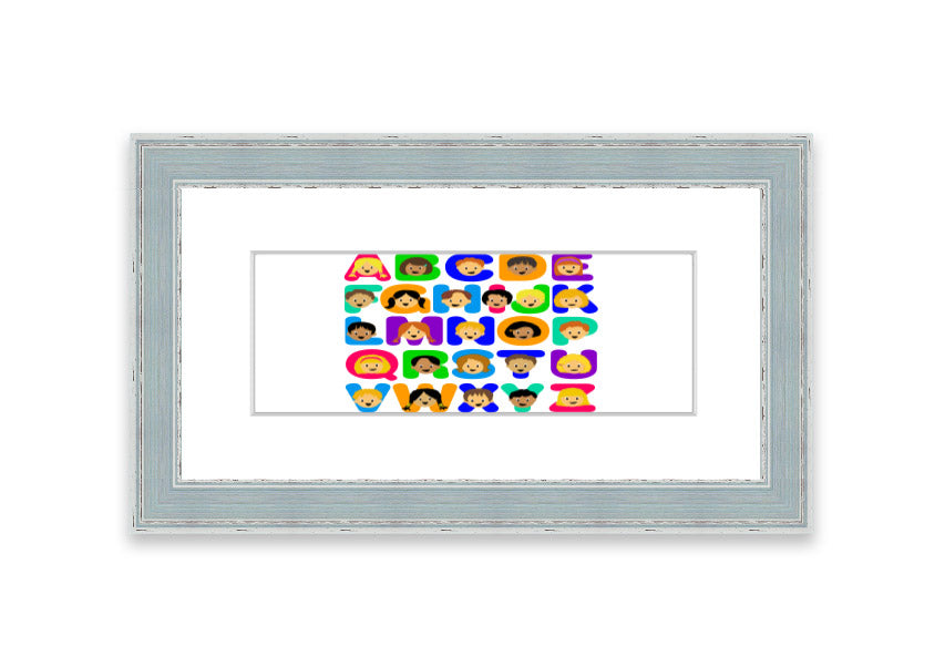 Framed Alphabet Children White print featuring colorful letters, perfect for children's decor.