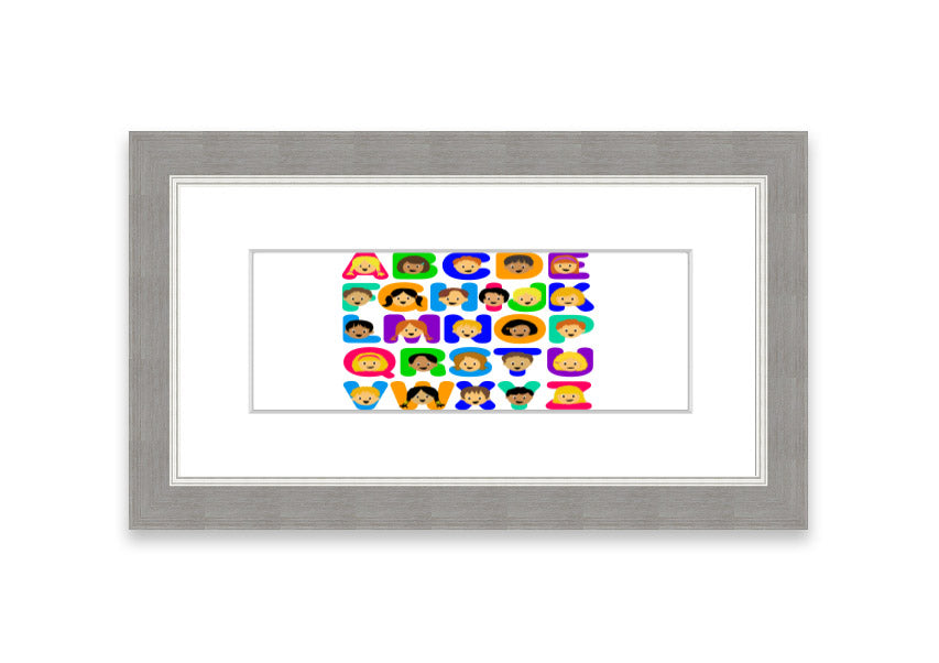 Framed Alphabet Children White print featuring colorful letters, perfect for children's decor.
