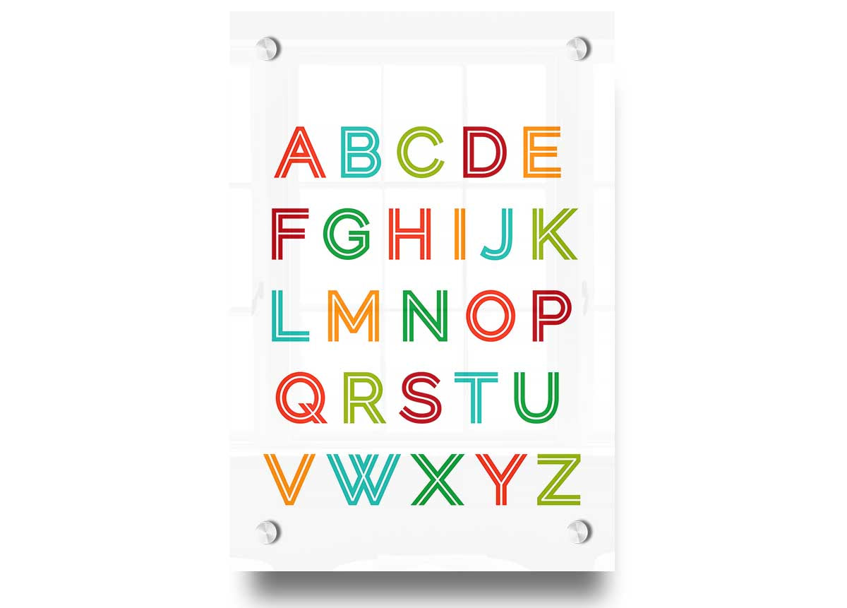 Colorful Alphabet Colours acrylic print on 5mm thick glass, showcasing vibrant letters for educational decor.