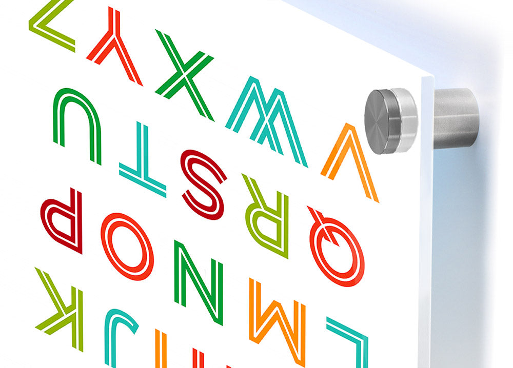 Colorful Alphabet Colours acrylic print on 5mm thick glass, showcasing vibrant letters for educational decor.