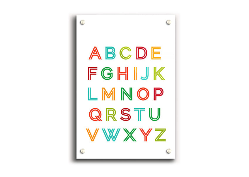 Colorful Alphabet Colours acrylic print on 5mm thick glass, showcasing vibrant letters for educational decor.