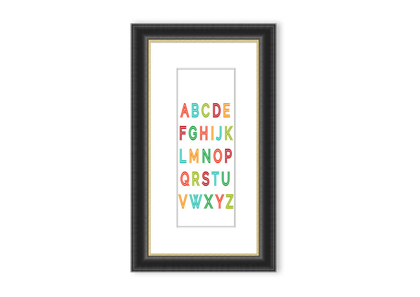 A colorful framed print featuring the alphabet, handmade in the UK, displayed in a stylish frame.