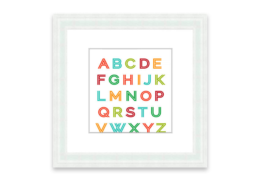 A colorful framed print featuring the alphabet, handmade in the UK, displayed in a stylish frame.