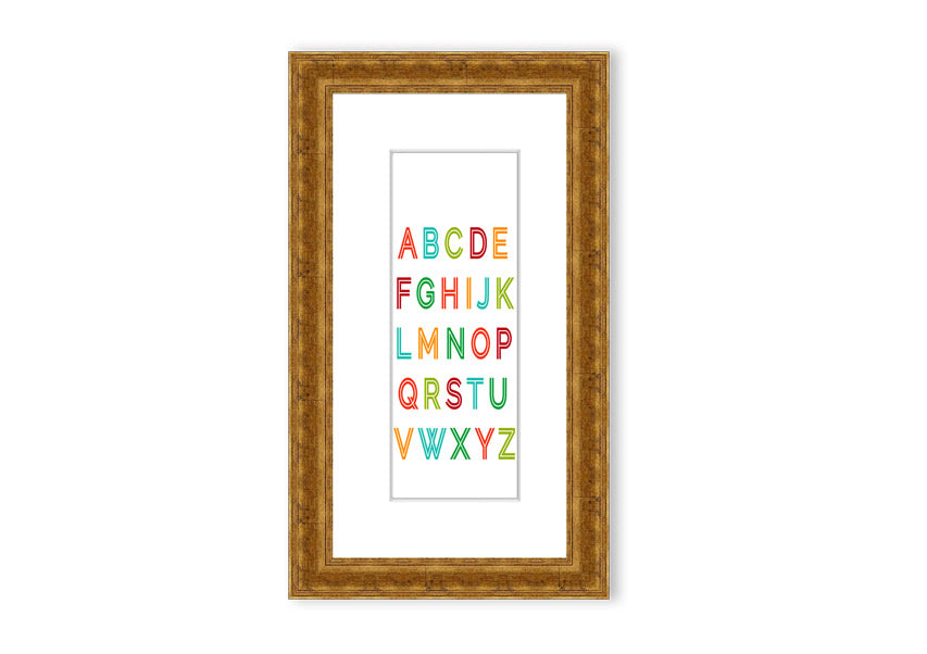 A colorful framed print featuring the alphabet, handmade in the UK, displayed in a stylish frame.