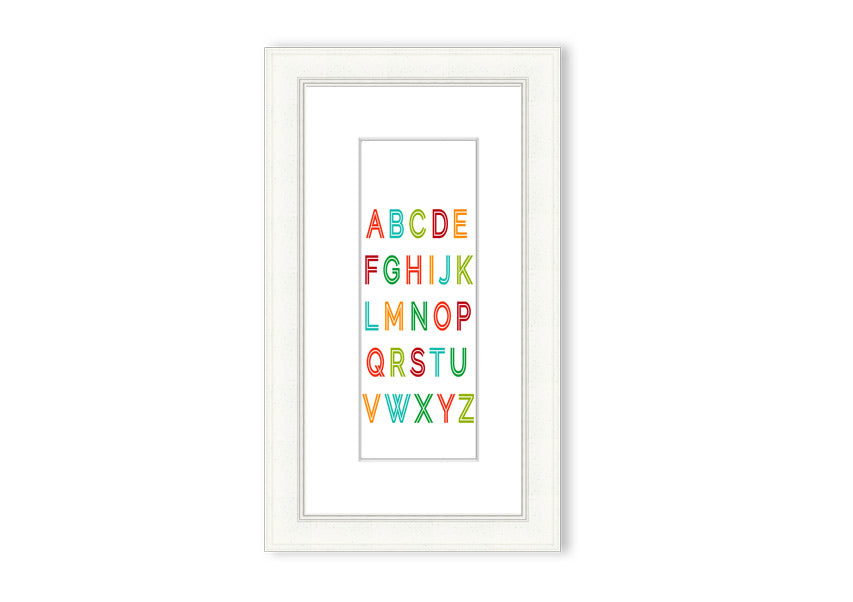 A colorful framed print featuring the alphabet, handmade in the UK, displayed in a stylish frame.