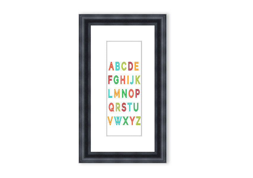 A colorful framed print featuring the alphabet, handmade in the UK, displayed in a stylish frame.