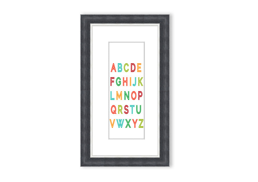 A colorful framed print featuring the alphabet, handmade in the UK, displayed in a stylish frame.