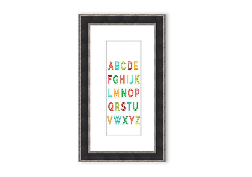 A colorful framed print featuring the alphabet, handmade in the UK, displayed in a stylish frame.